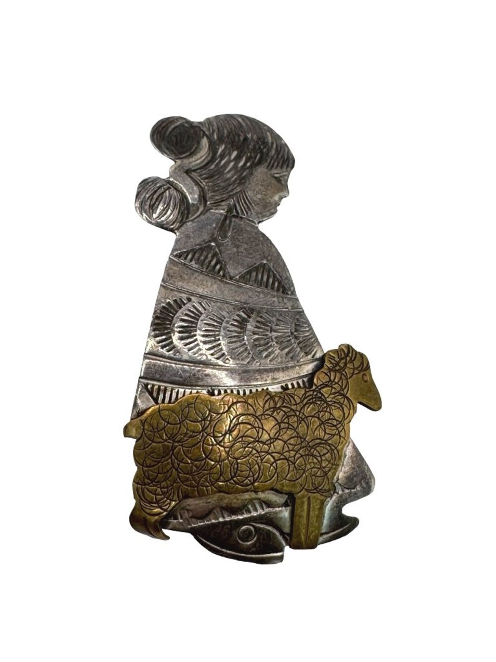 Vintage Navajo Benson Boyd Sterling Silver Brass BB Native Girl Sheep Pin Brooch